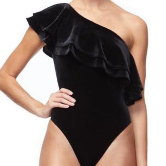 Good American Tops - Good American Velvet Ruffle One Shoulder Bodysuit